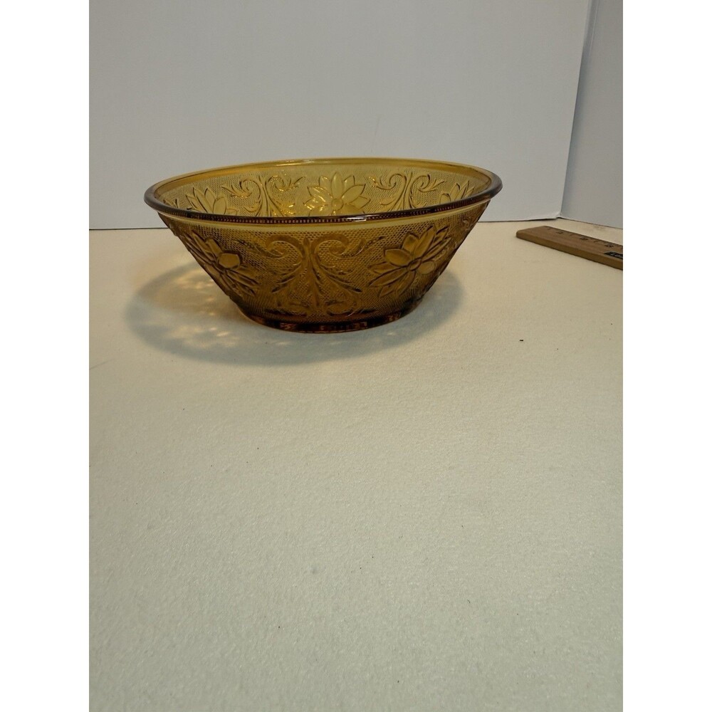 Vintage  Amber Daisy & Scroll Bowl Mid Century Floral Pressed Glass Bowl